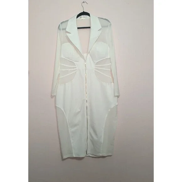 Curvy Sense Blazer Bodycon Dress Womens 2XL Ivory Sheer Mesh Cutout Zip Sexy - Picture 3 of 14